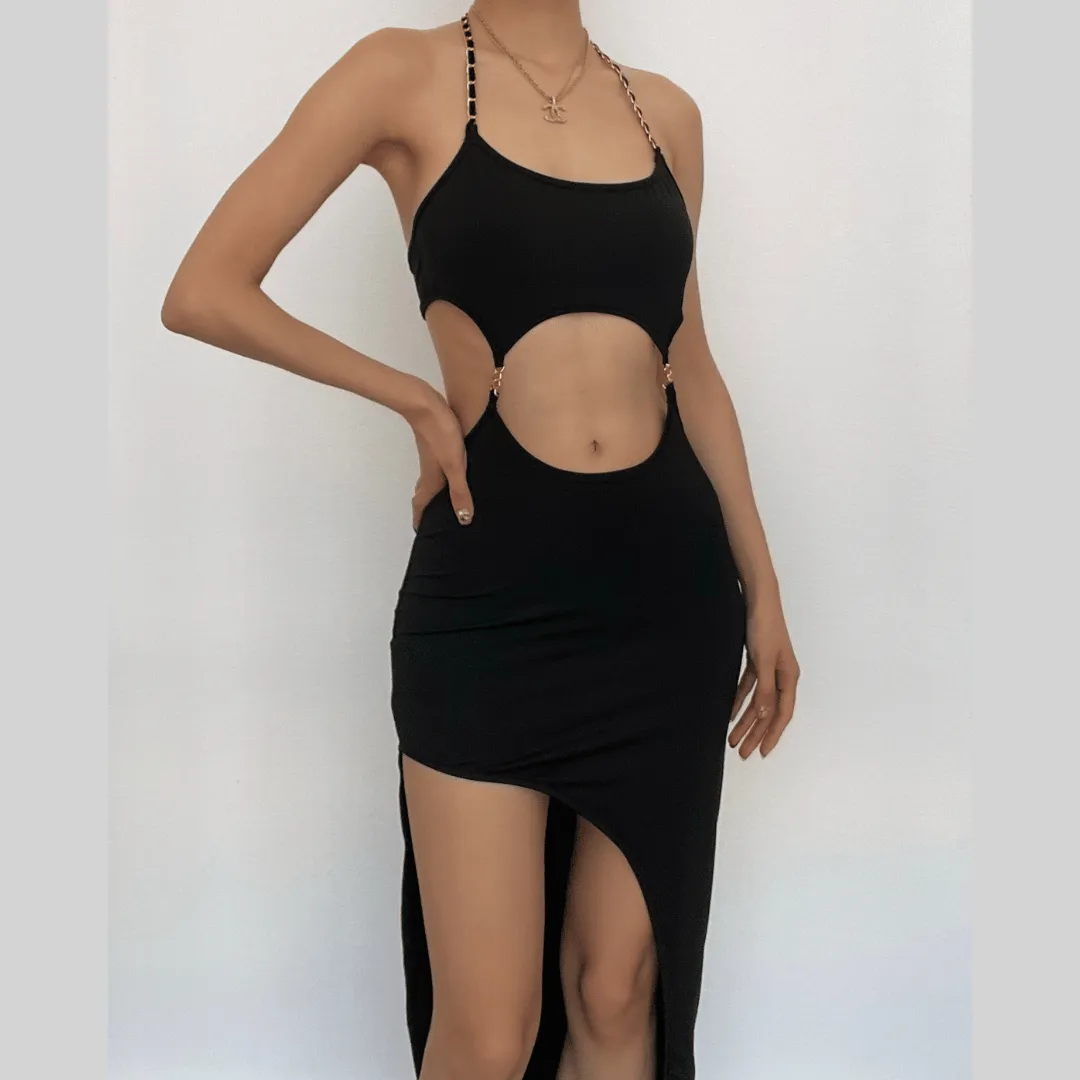 Metal chain halter backless hollow out slit solid cut out midi dress