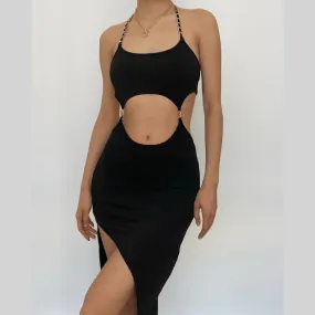 Metal chain halter backless hollow out slit solid cut out midi dress