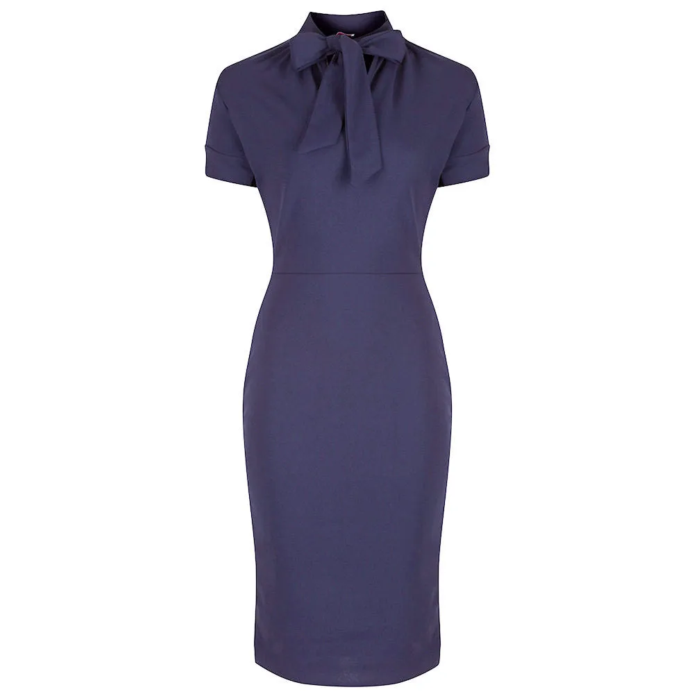 Navy Blue Puff Sleeve Tie Bodycon Pencil Dress