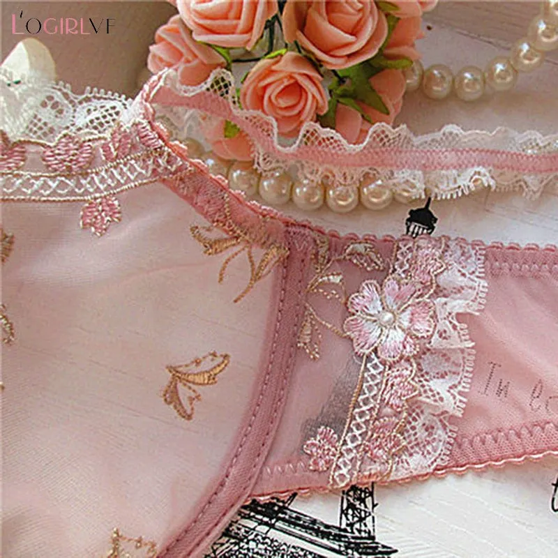 New Exquisite embroidery lotus pink ultra-thin sexy transparent lace Lingerie bra set