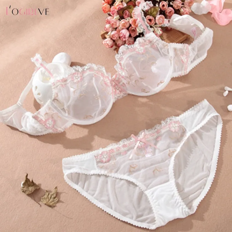 New Exquisite embroidery lotus pink ultra-thin sexy transparent lace Lingerie bra set