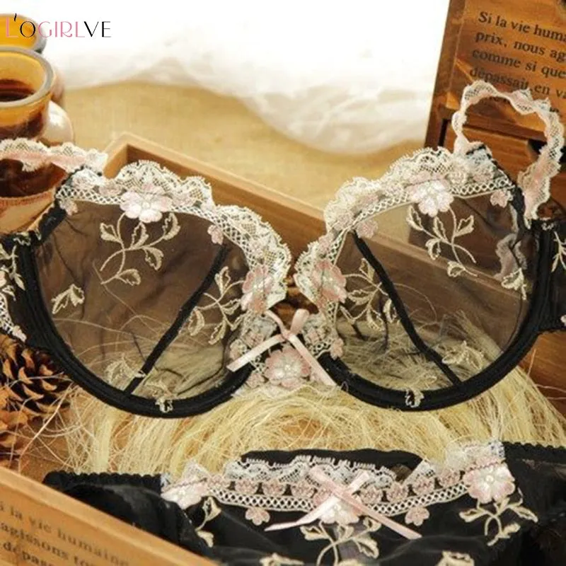 New Exquisite embroidery lotus pink ultra-thin sexy transparent lace Lingerie bra set