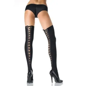 Opaque Thigh High Satin Lace Up - One Size - Black