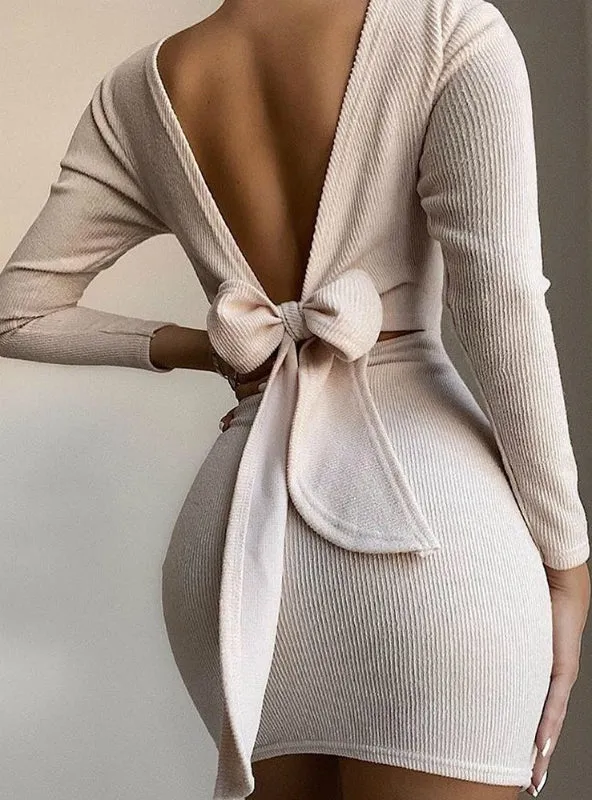 Open Back Knotted Long Sleeve Bodycon Dress