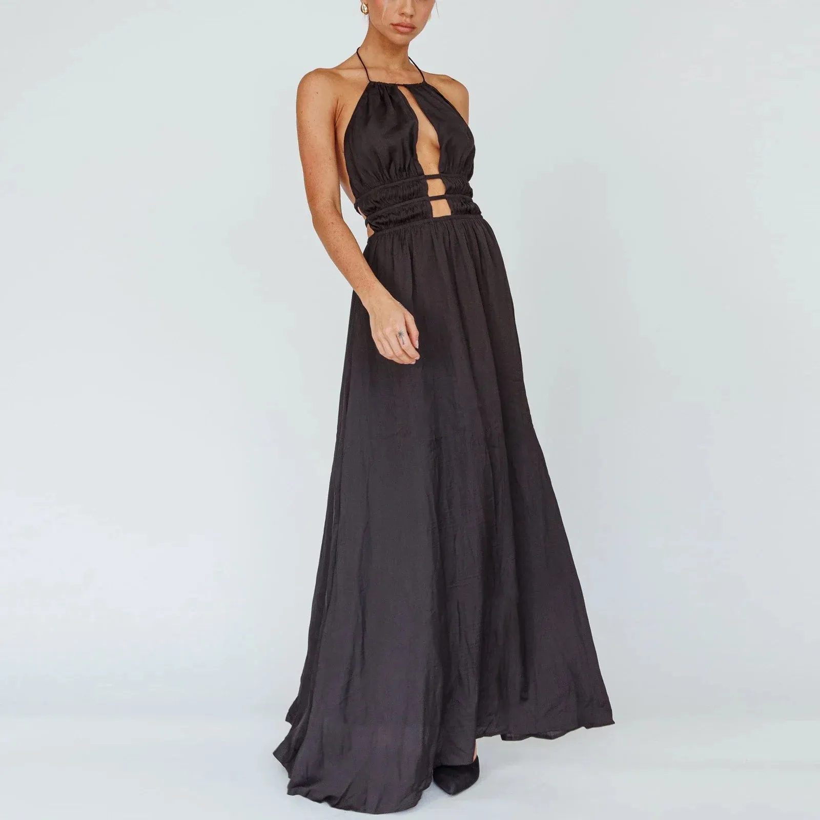 Open Back Long Solid Color Halter Neck Tie-up Sleeveless Cutout Ruched Cocktail Formal Gown Summer Sexy Dress