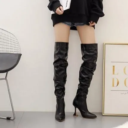 Pleated Leather Over The Knee Boots