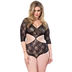 Plus-size Sexy Black Floral Lace Teddy Playsuit with Cut-out Side Detail