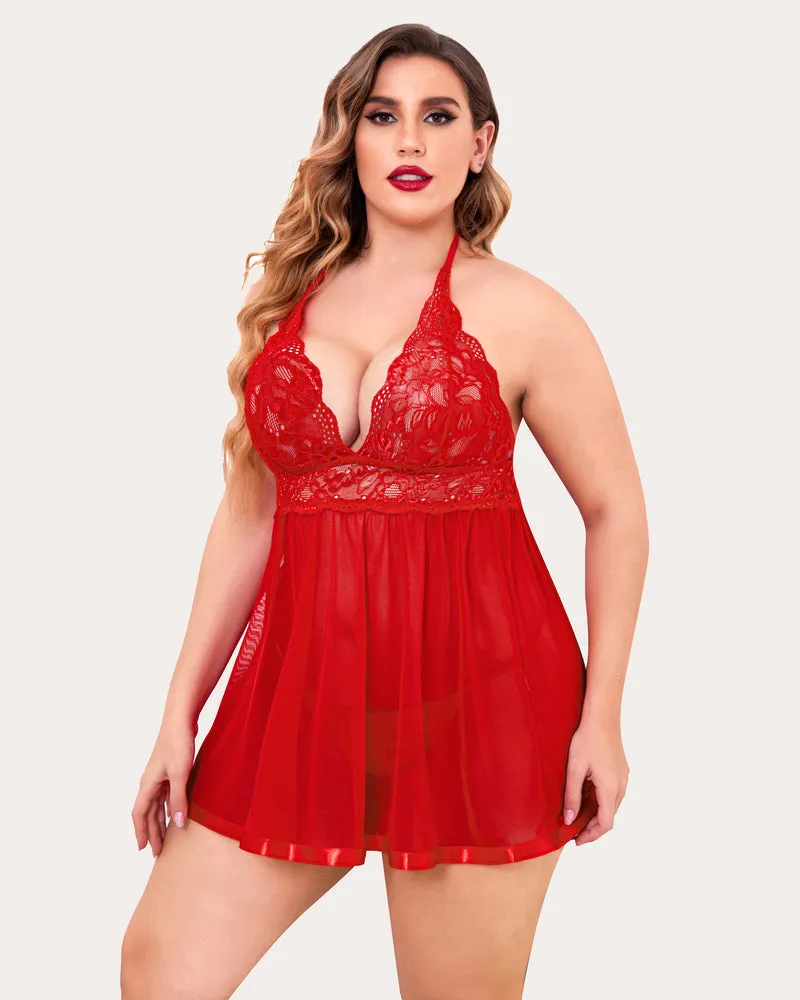 Plus Size Sheer Lace Mesh Babydoll