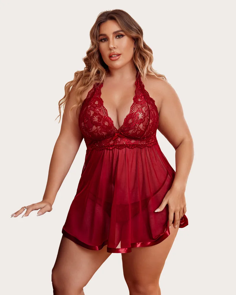 Plus Size Sheer Lace Mesh Babydoll