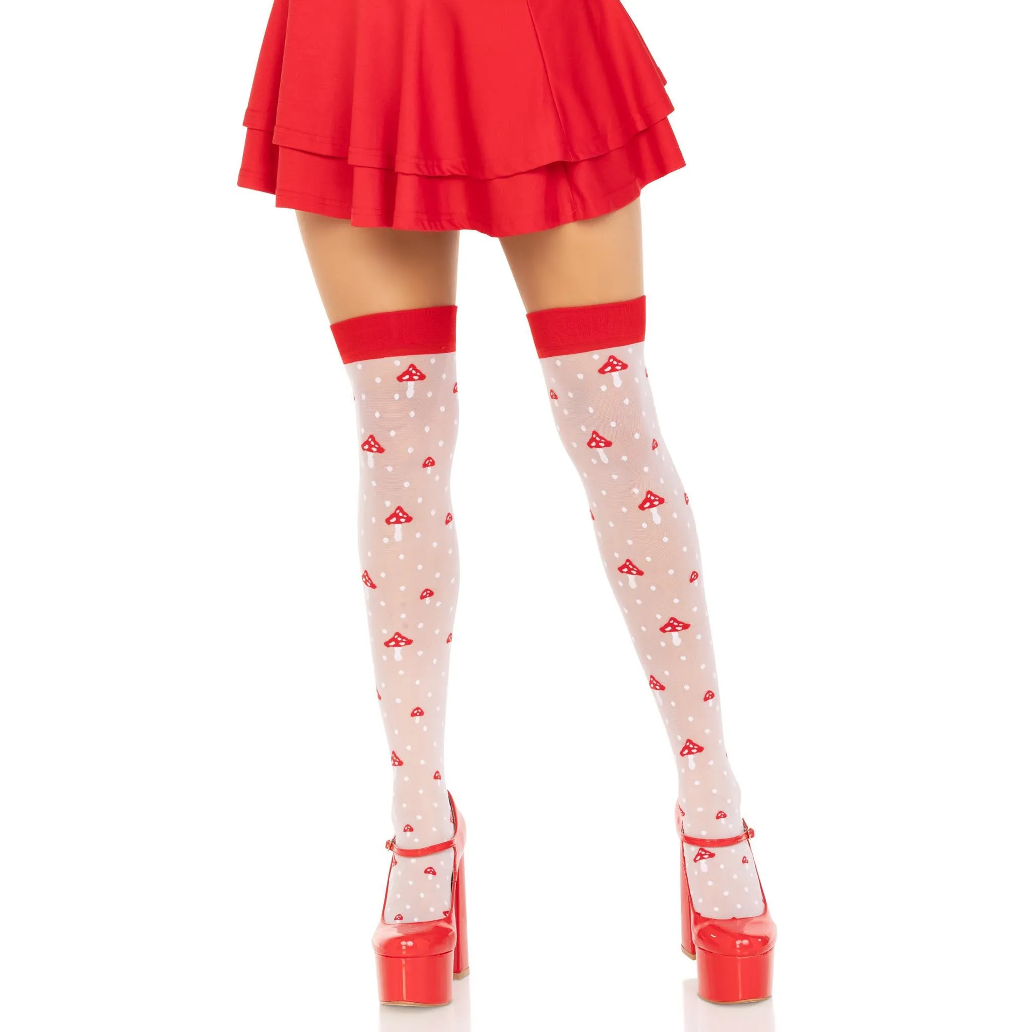 Polka Dot Mushroom Thigh High - One Size - White/red