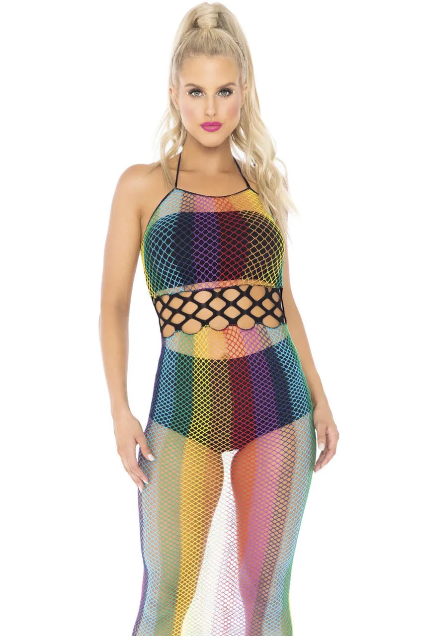 Rainbow Net Long Halter Dress