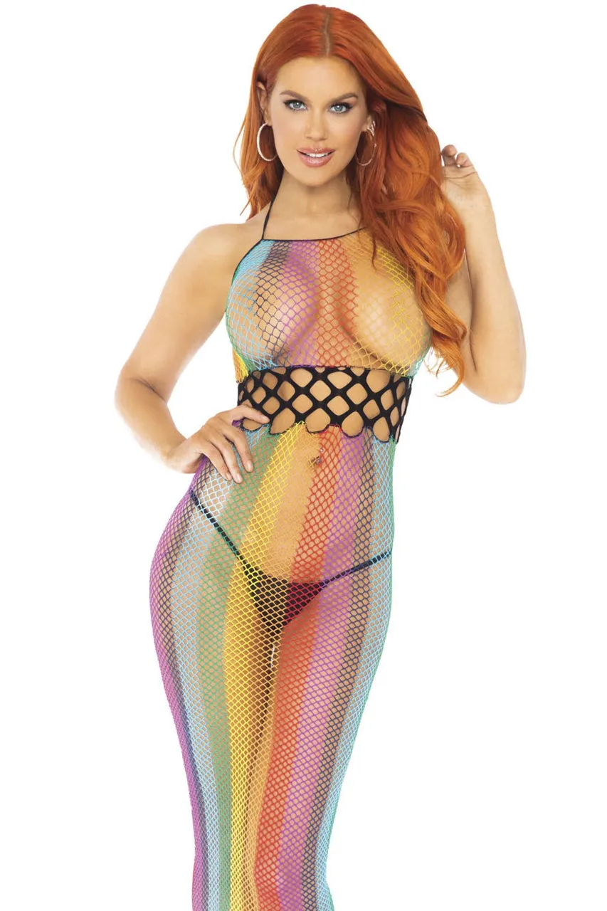 Rainbow Net Long Halter Dress