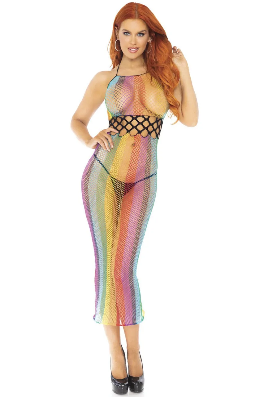 Rainbow Net Long Halter Dress