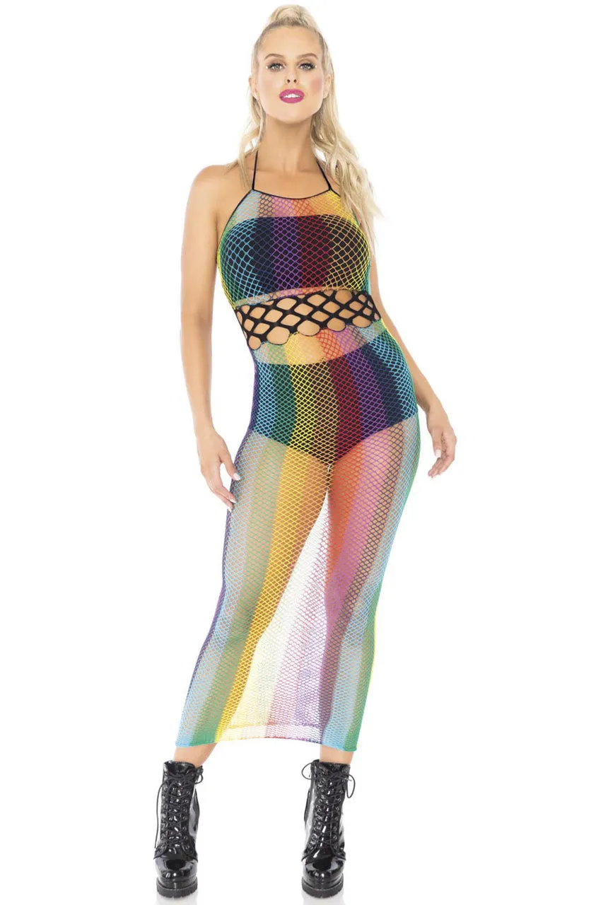 Rainbow Net Long Halter Dress