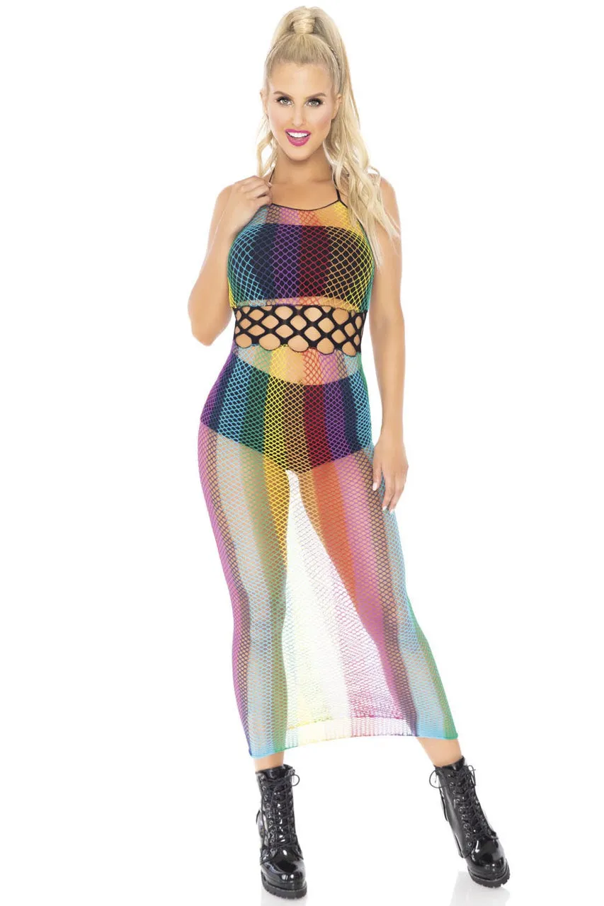 Rainbow Net Long Halter Dress