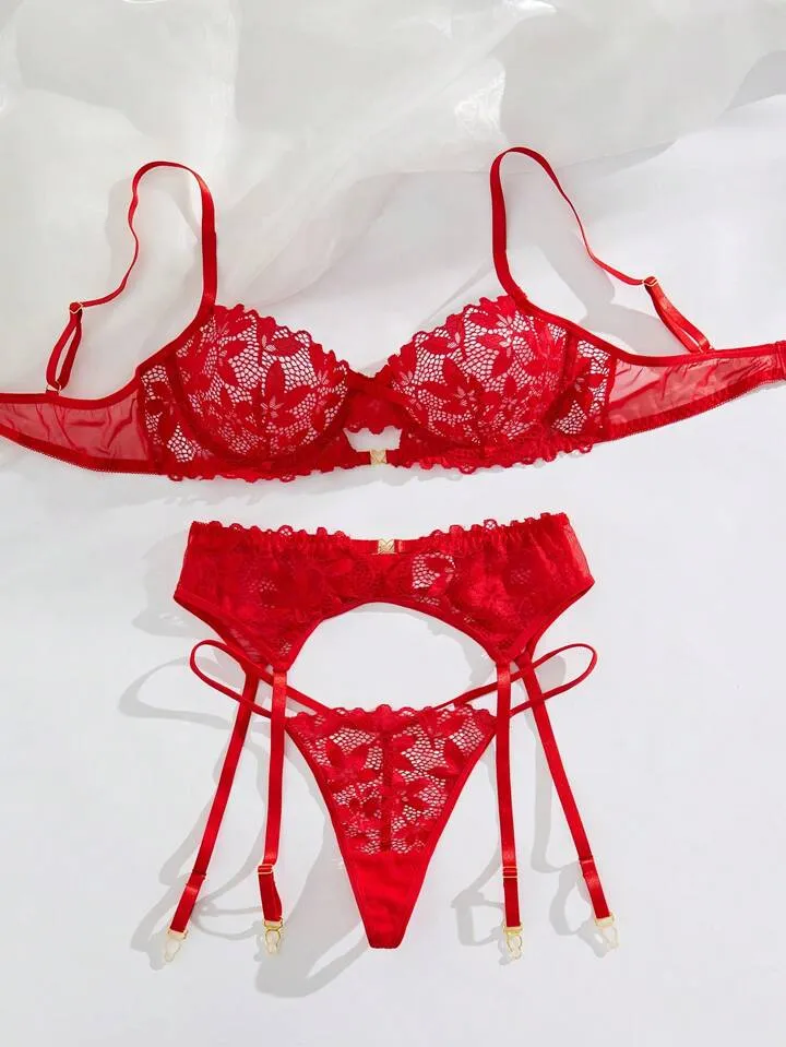 Red Lace Lingerie Garter Set Sheer