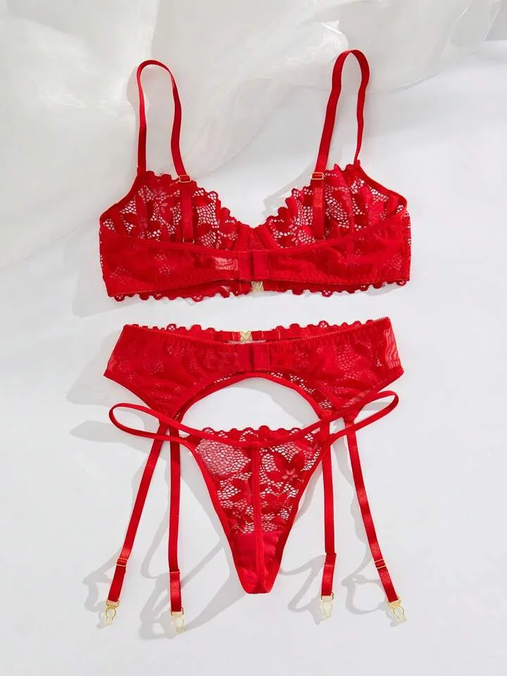 Red Lace Lingerie Garter Set Sheer