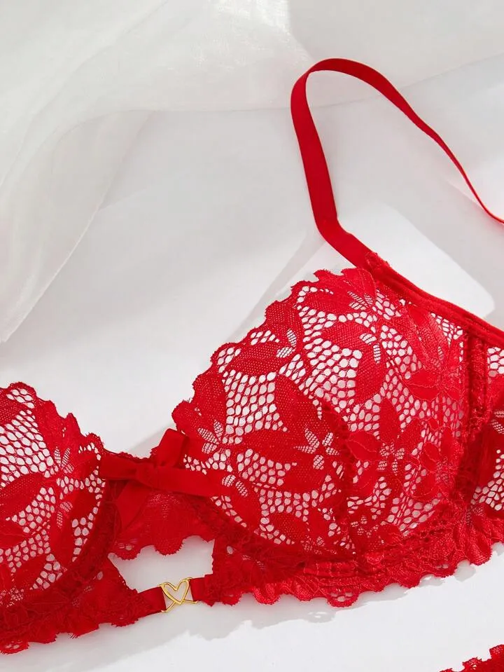 Red Lace Lingerie Garter Set Sheer