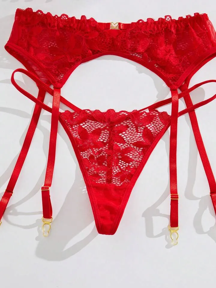 Red Lace Lingerie Garter Set Sheer