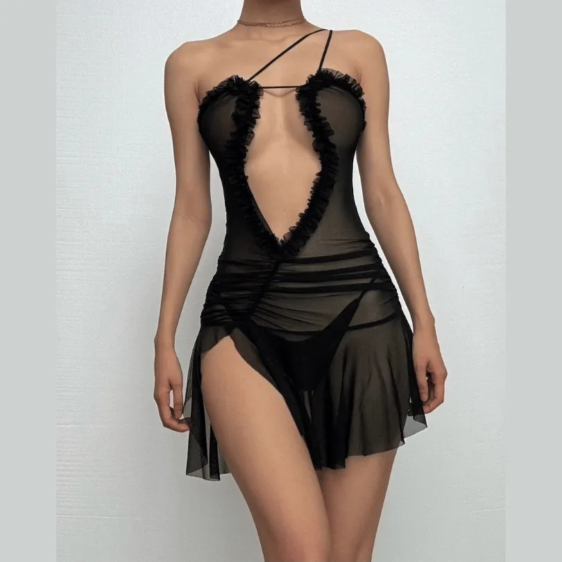 Ruched ruffle slit sheer mesh hollow out cami cut out mini dress