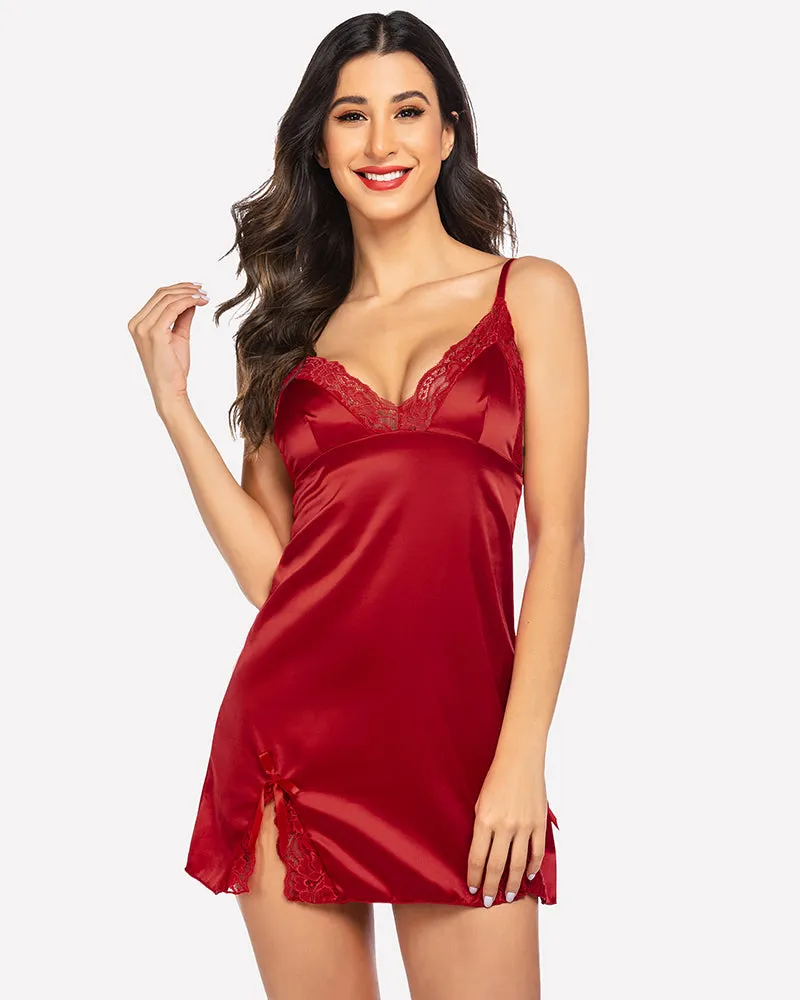 Satin Lace Mini Dress V Neck Nightgown