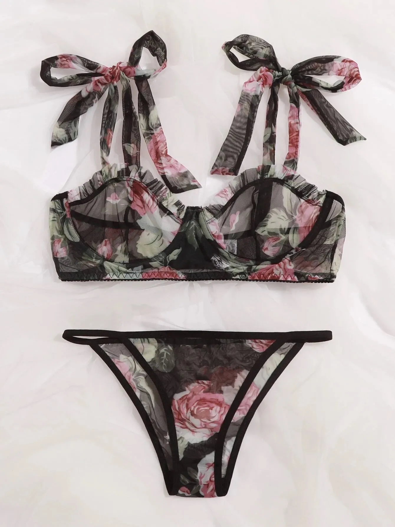 See Through Lingerie Set Black Bow Strap