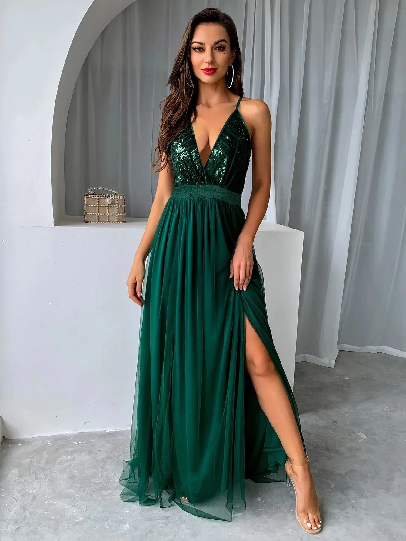 Sequins V-neck Maxi Dress with Mesh Insets