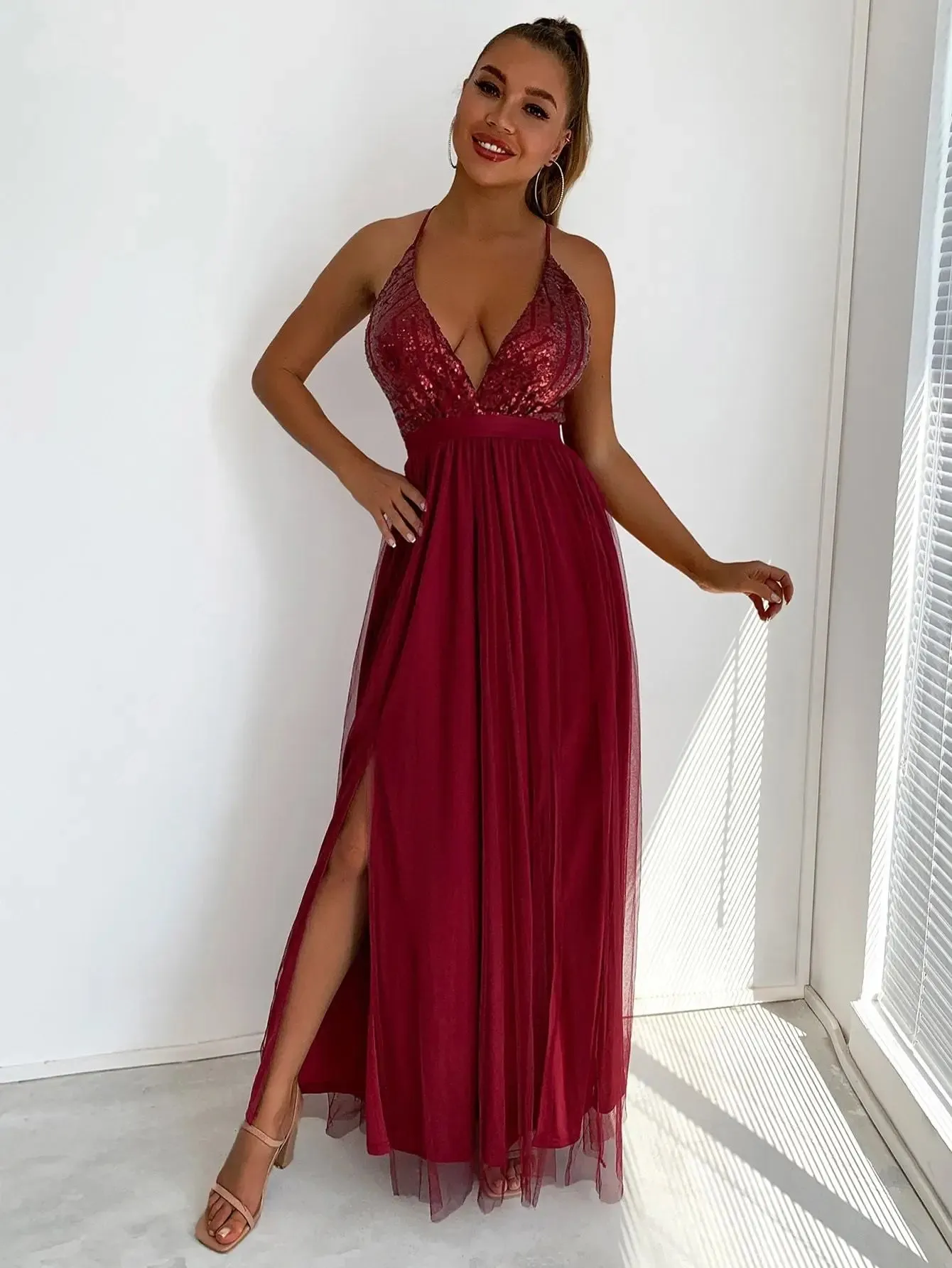 Sequins V-neck Maxi Dress with Mesh Insets