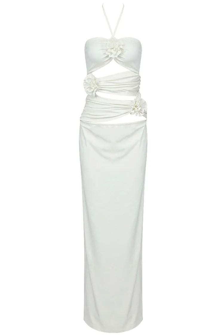 Sexy 3D Flower Trim Halter Neck Cutout Ruched Formal Maxi Dress - White