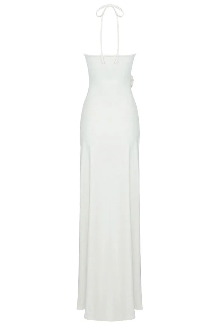 Sexy 3D Flower Trim Halter Neck Cutout Ruched Formal Maxi Dress - White