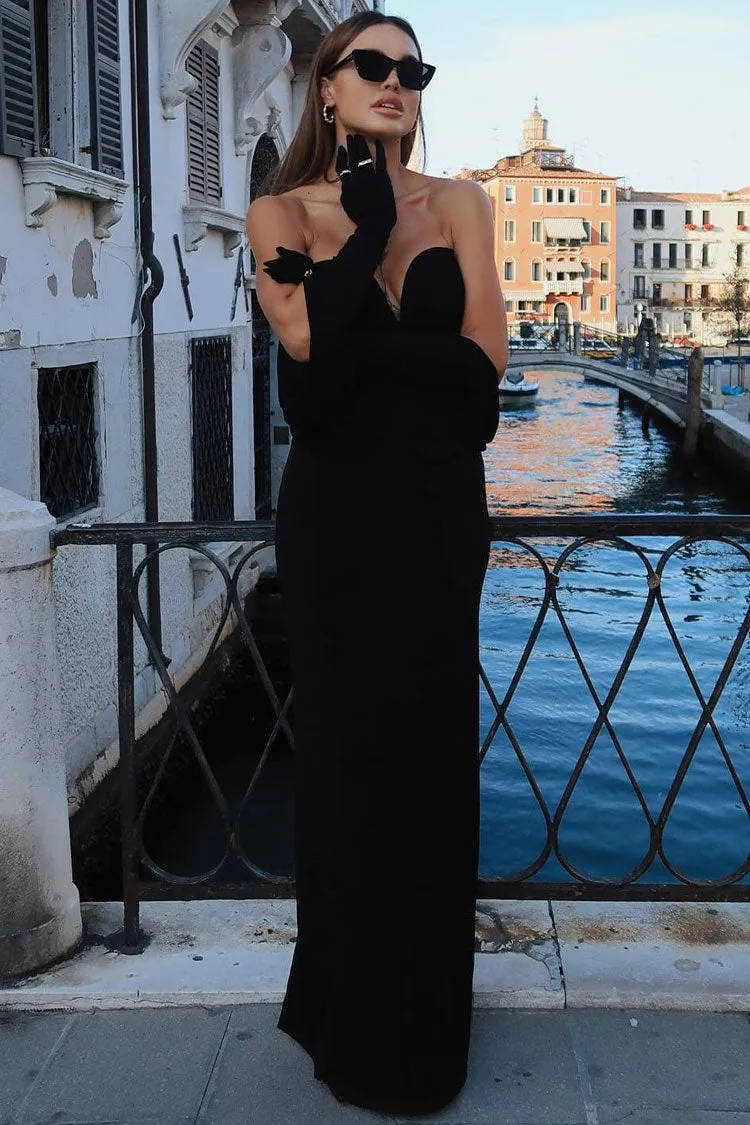 Sexy Diva Deep V Gloved Draped Sleeve Strapless Jersey Evening Maxi Dress - Black