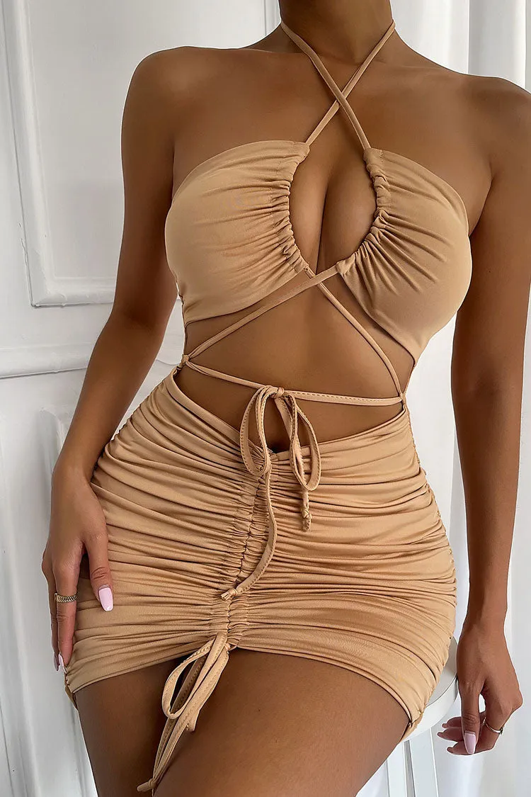 Sexy Halter Neck Cutout Drawstring Tie Ruched Bodycon Party Mini Dress - Khaki