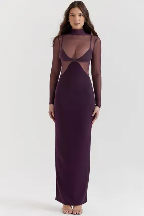 Sexy Mock Neck Long Sleeve Sheer Mesh Panel Bodycon Maxi Dress - Fuchsia