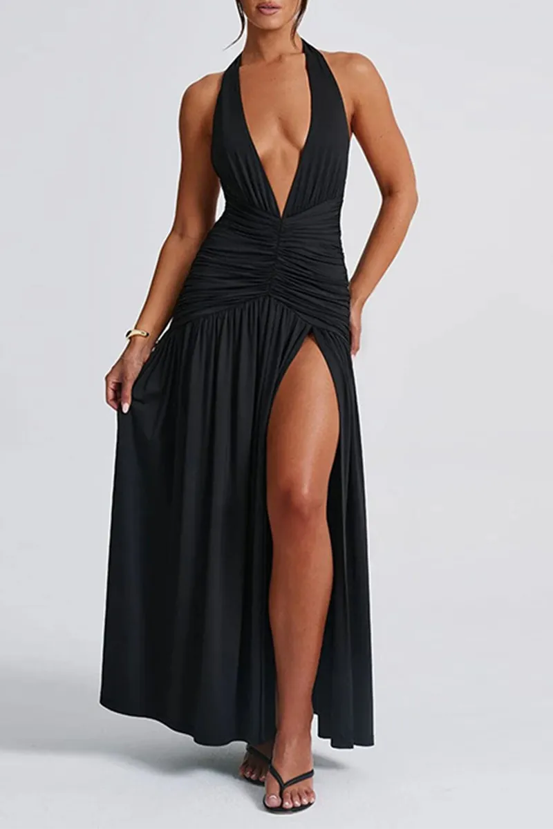 Sexy Slit Halter Sleeveless Dresses(3 Colors)