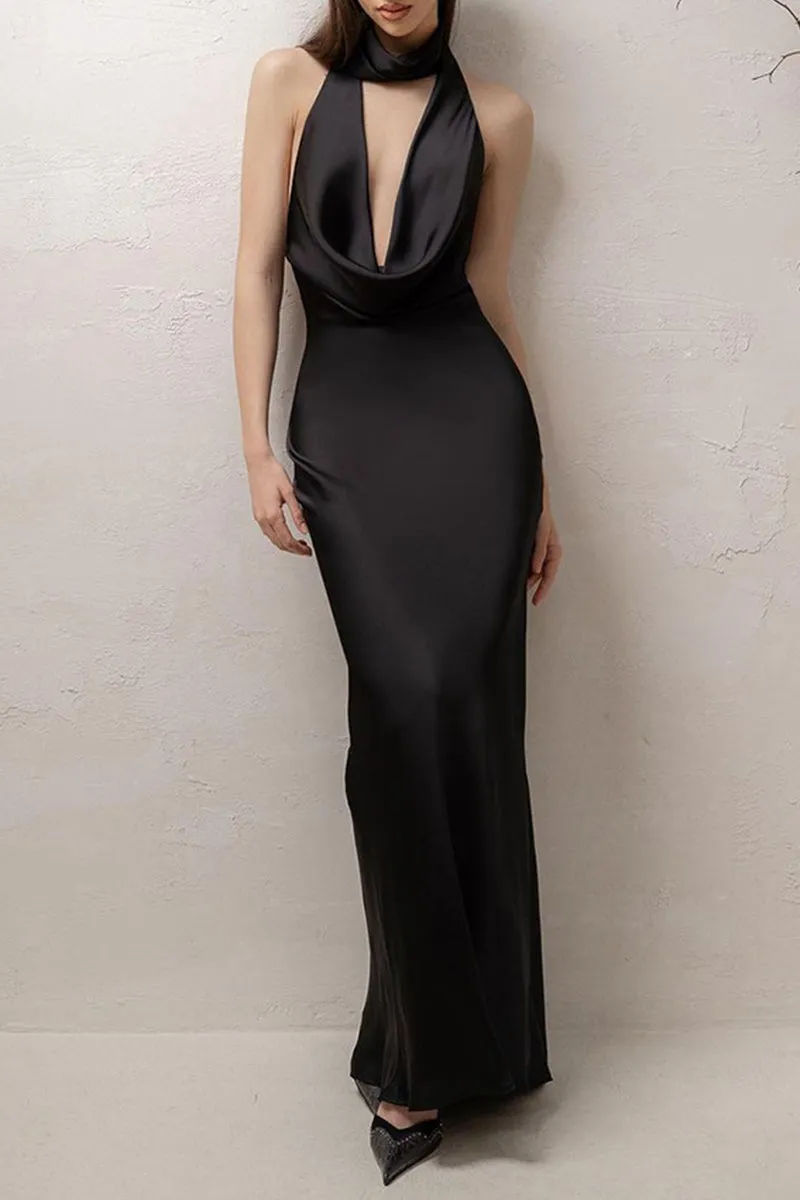 Sexy Solid Backless Halter Sleeveless Dresses