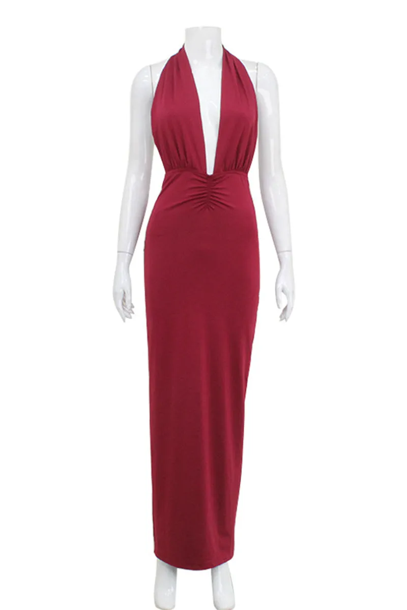 Sexy Solid Color Backless Ruched Halter Evening Dresses