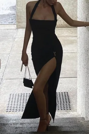 Sexy Solid Slit Halter Wrapped Skirt Dresses