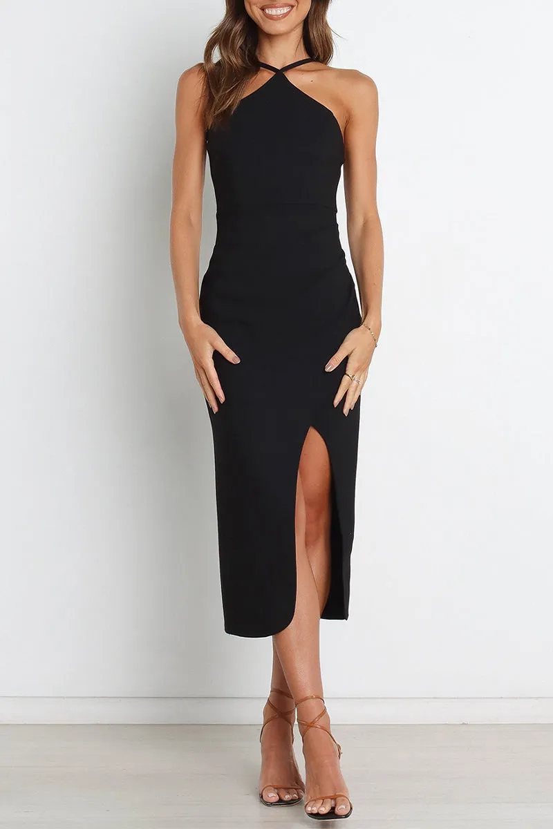 Sexy Solid Slit Halter Wrapped Skirt Dresses