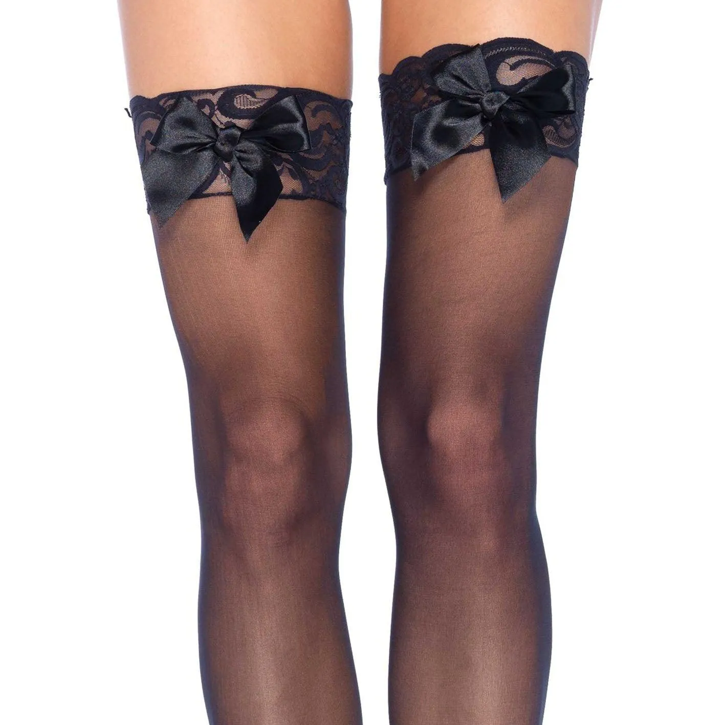 Sheer Lace Top Thigh Highs With Satin Bow Accent - One Size - Black