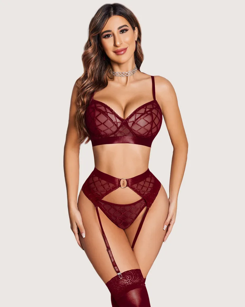 Sheer Mesh 3 Piece Bra and Panty Set with Garter Belt