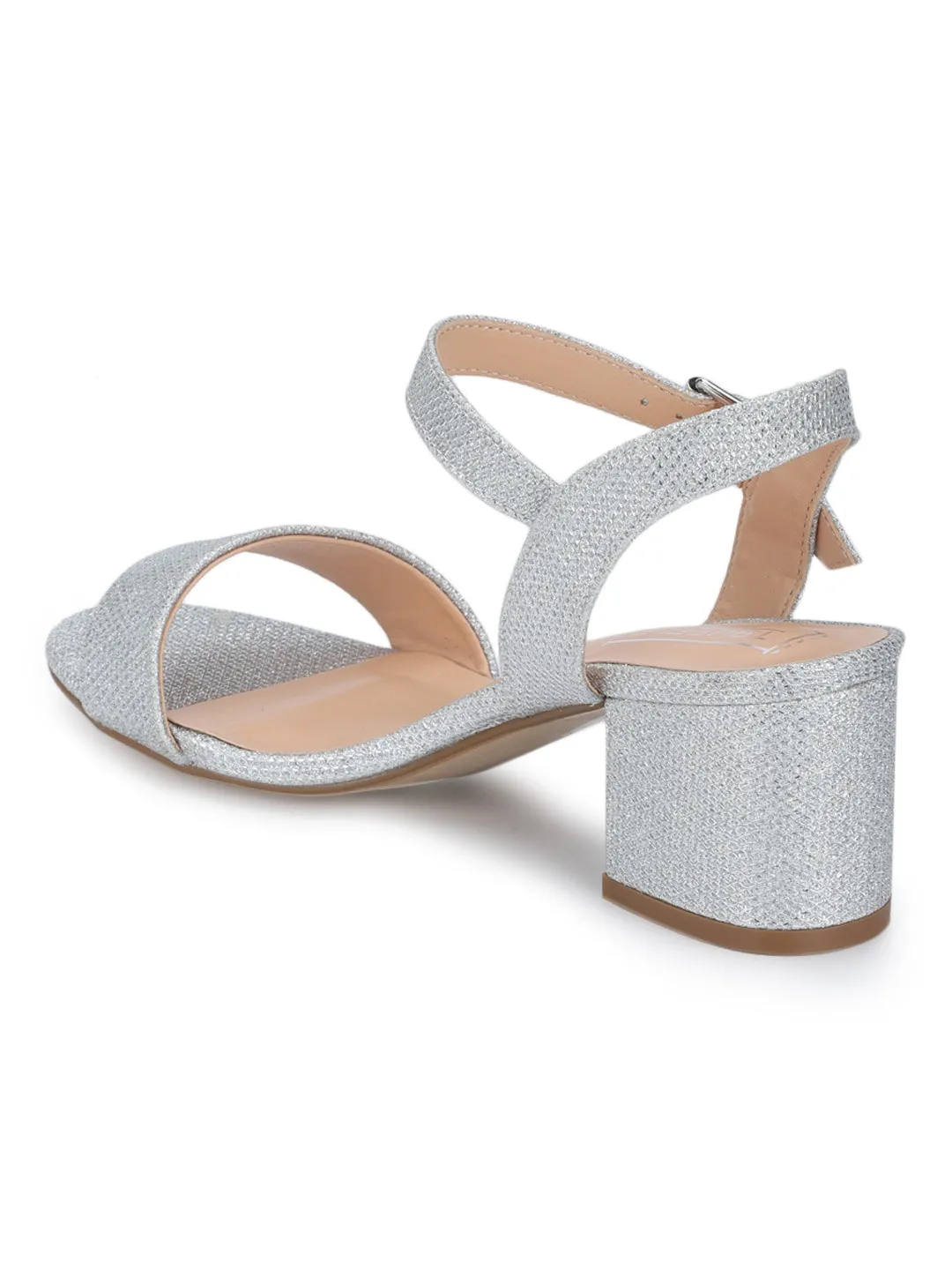 Silver Shimmer Ankle Strap Low Block Heels