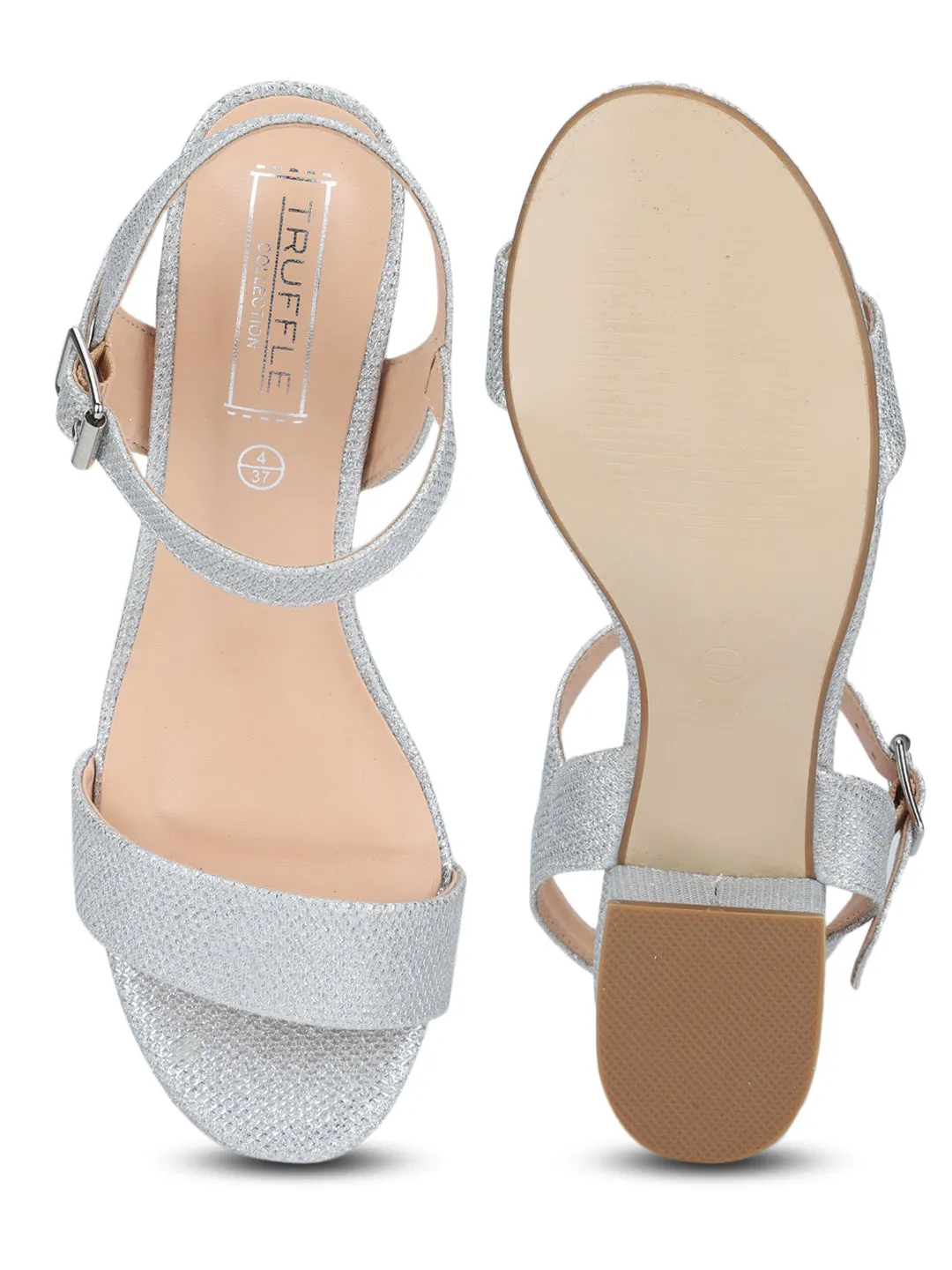 Silver Shimmer Ankle Strap Low Block Heels