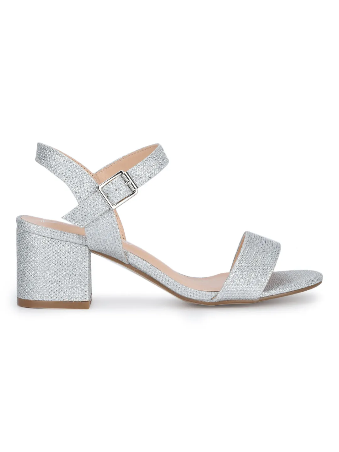 Silver Shimmer Ankle Strap Low Block Heels