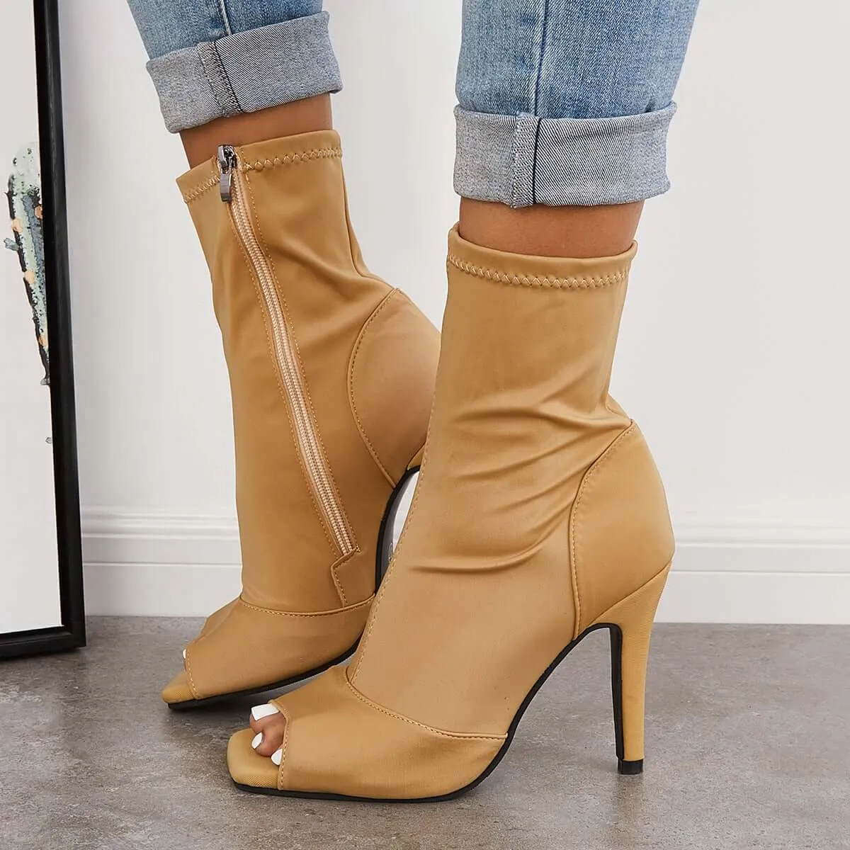 Sohiwoo Stretch Peep Toe Sock Boots Stiletto High Heel Booties