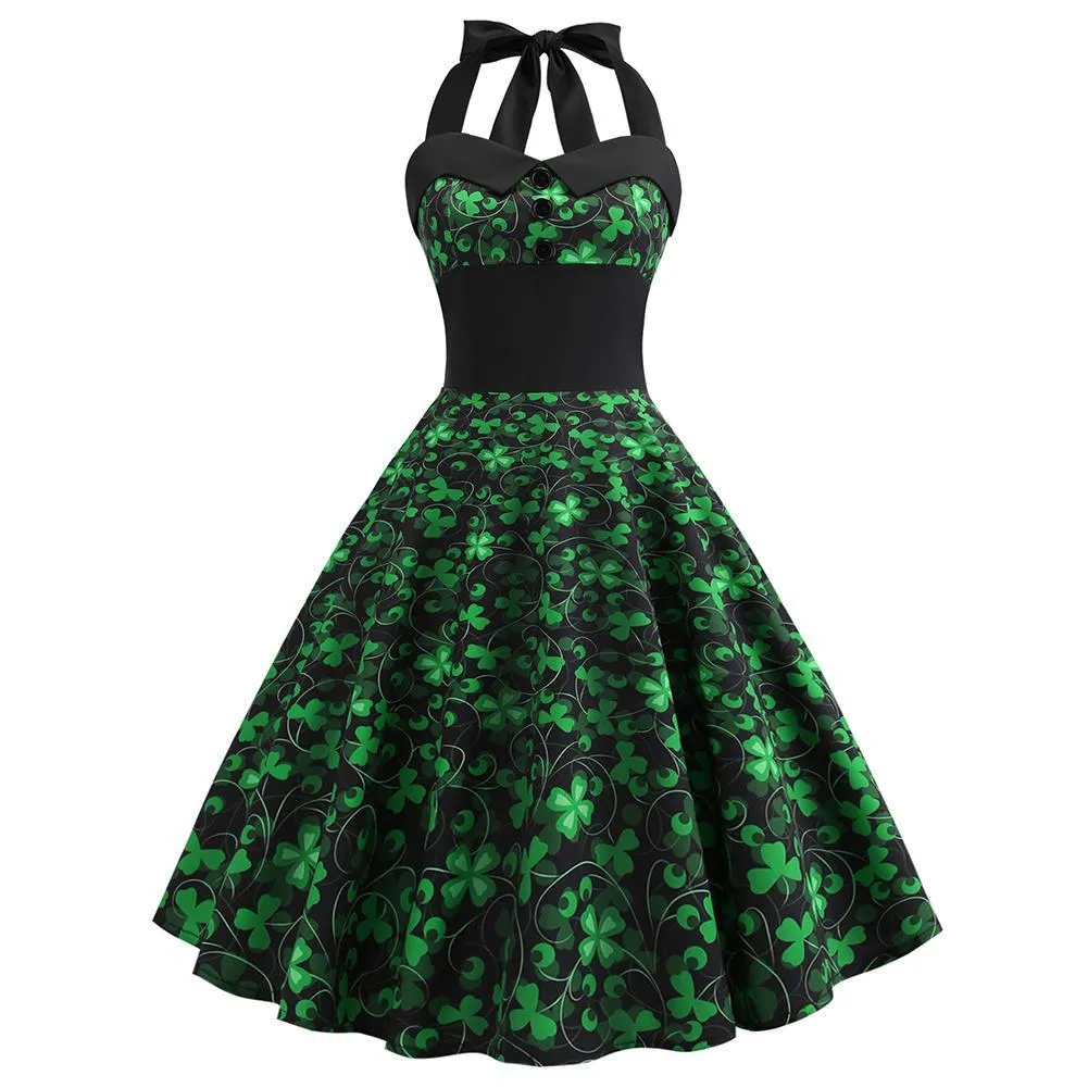 St Patrick's Day Dress, Women Halter Sleeveless Pleated Dress Shamrock Tea Dress a-Line Evening Party Dress