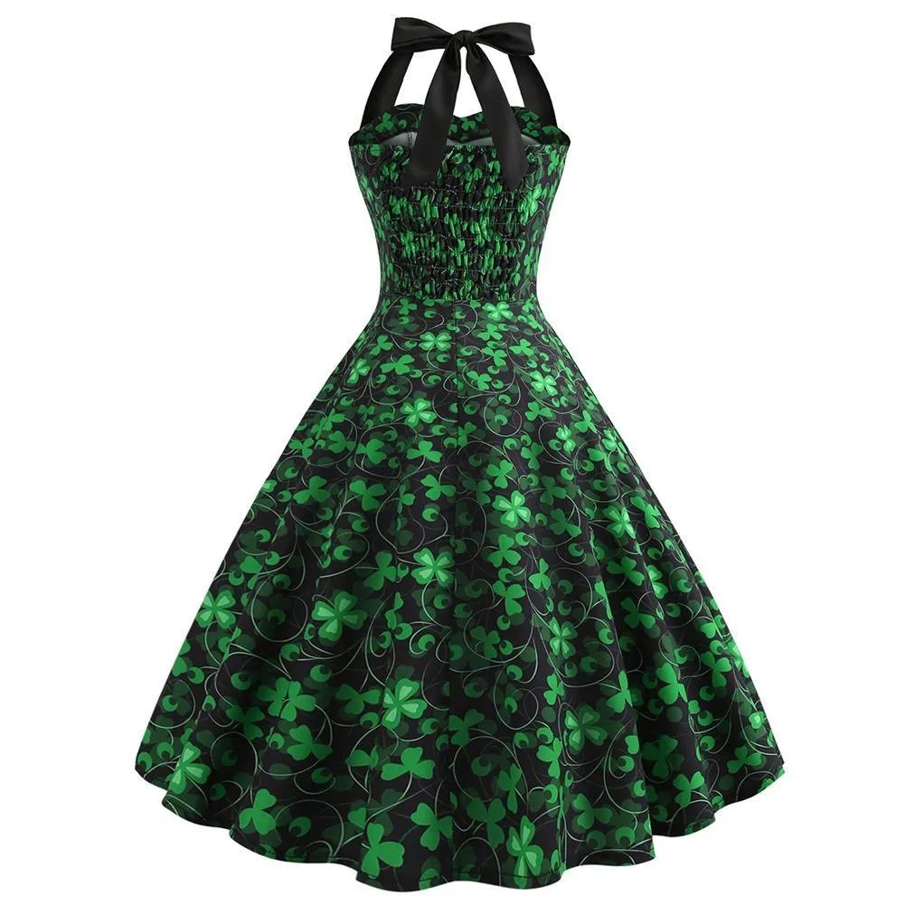 St Patrick's Day Dress, Women Halter Sleeveless Pleated Dress Shamrock Tea Dress a-Line Evening Party Dress