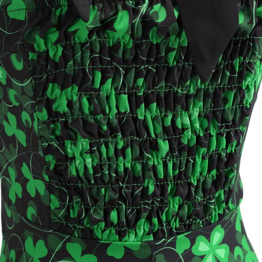 St Patrick's Day Dress, Women Halter Sleeveless Pleated Dress Shamrock Tea Dress a-Line Evening Party Dress