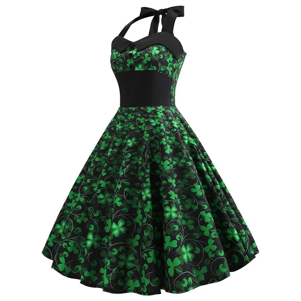 St Patrick's Day Dress, Women Halter Sleeveless Pleated Dress Shamrock Tea Dress a-Line Evening Party Dress