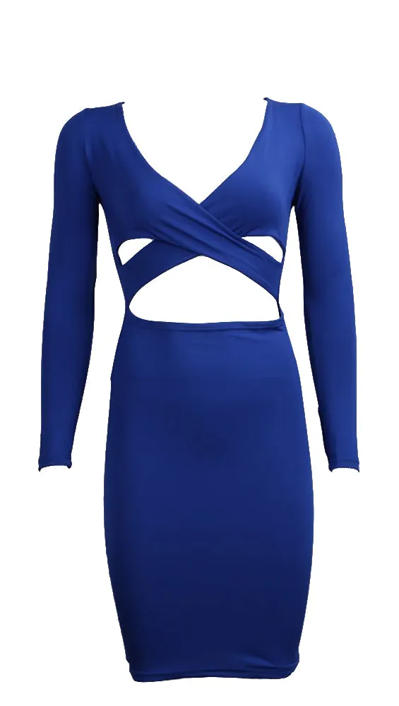 The Nadia Long Sleeve Cut Out Midi Dress Blue