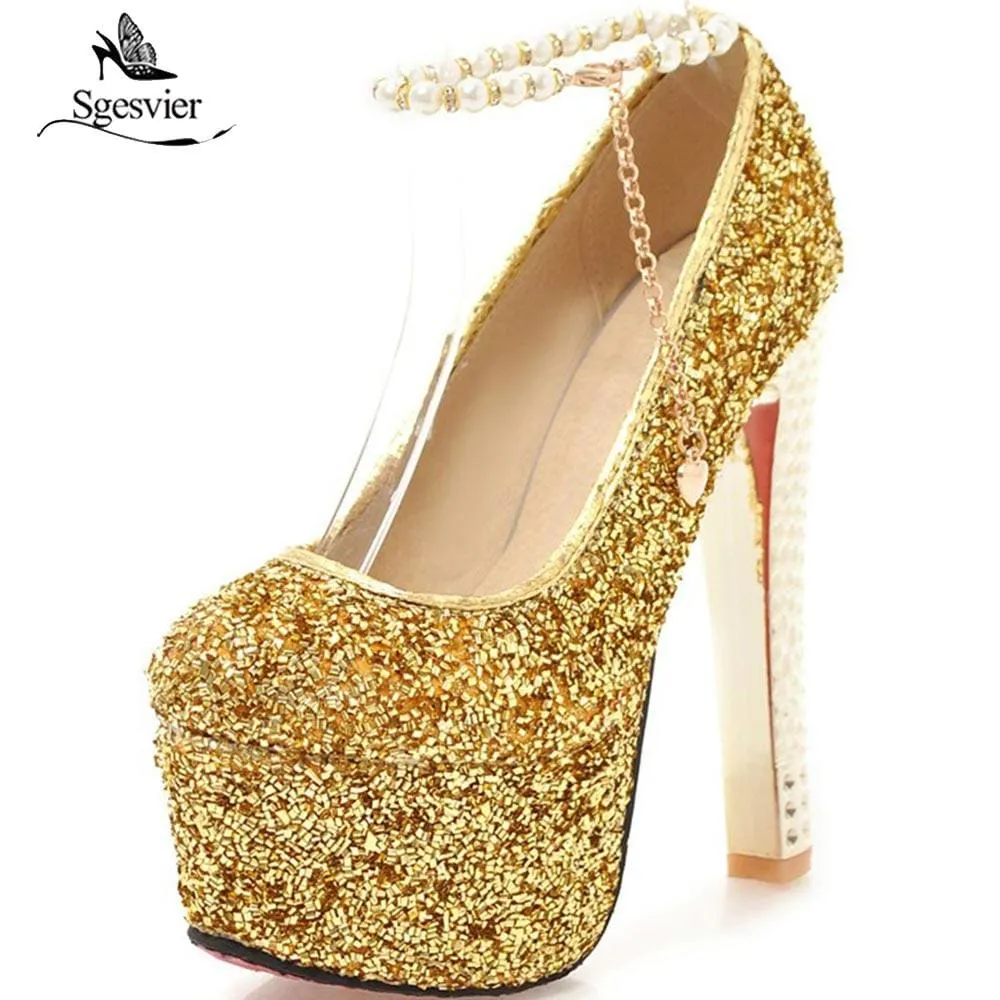 Ultra High Stiletto Thick Heels Glitters Sequins Party Wedding Shoes